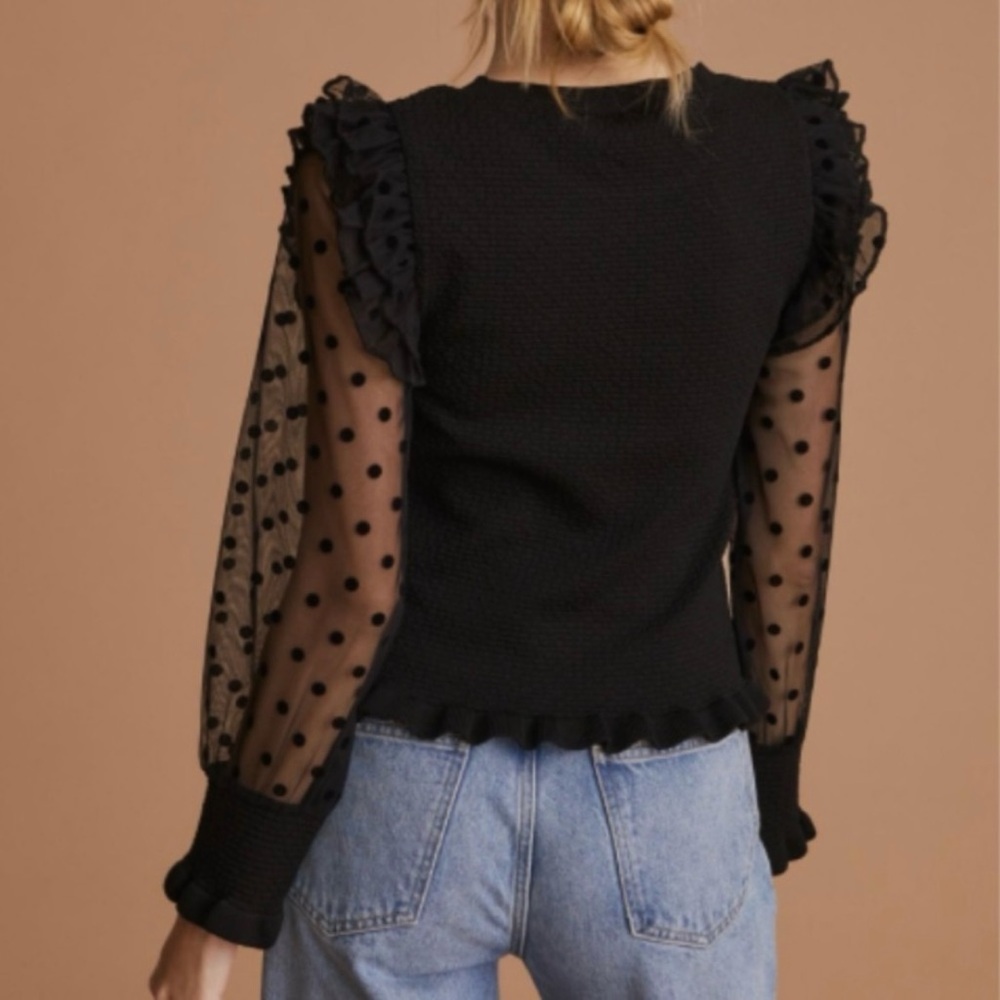 🎉HP🎉 NWT Anthropologie Maeve Sheer Polka Dot Long-Sleeve, Ruffled Shoulder Top M - Picture 2 of 7